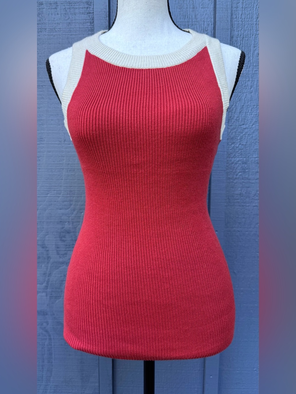 Red Cream Ribbed Tank M High Neck Racerback Retro Sporty Y2K Preppy ZESICA Top